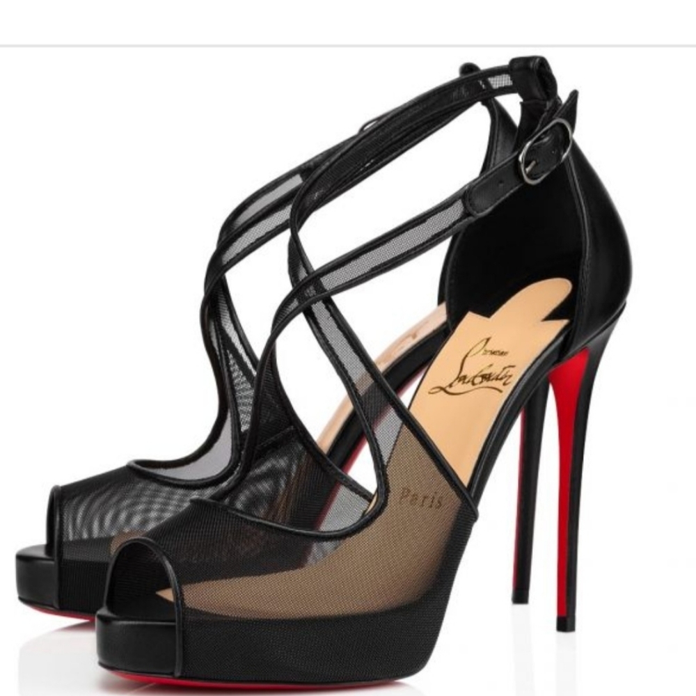 New Christian L black leather fishnet open toe platform high heels sandals